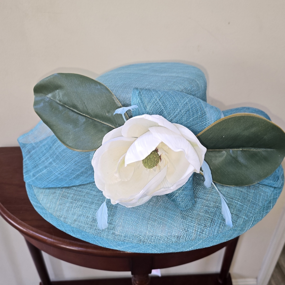 Elegant Blue Women's Decorative Hat with White Flower